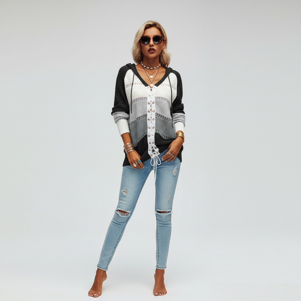 Lily | Women's Hooded Lace Up Knit Sweater with Openwork Panels