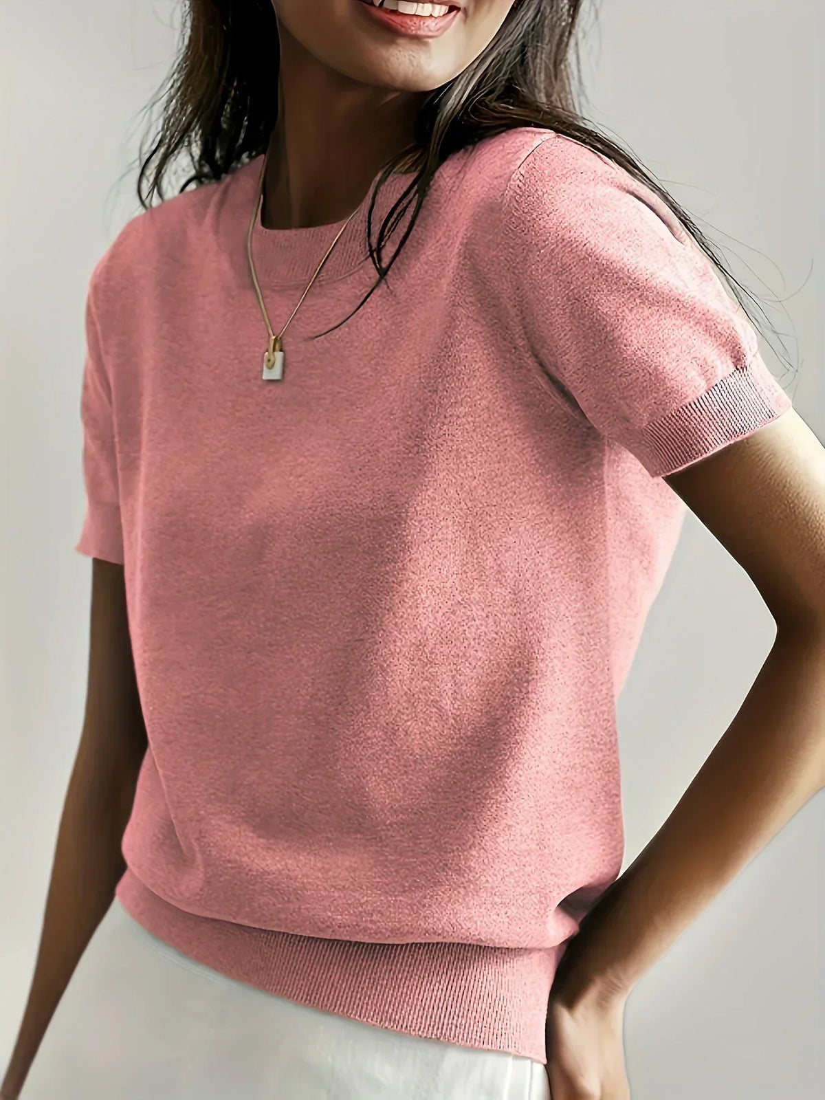 Sharon | Women's Fine Knit Sweater with Short Sleeves and Ribbed Trim