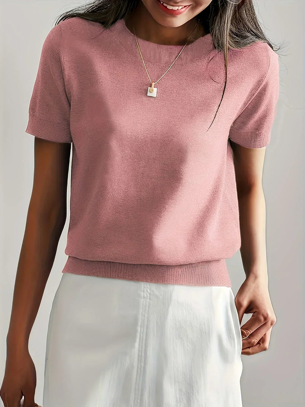 Sharon | Women's Fine Knit Sweater with Short Sleeves and Ribbed Trim