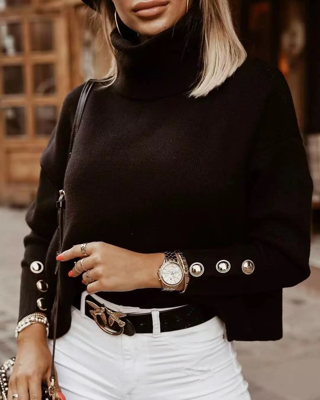 Neva | Women's Ribbed Turtleneck Sweater Button Sleeve Detail Knit Top