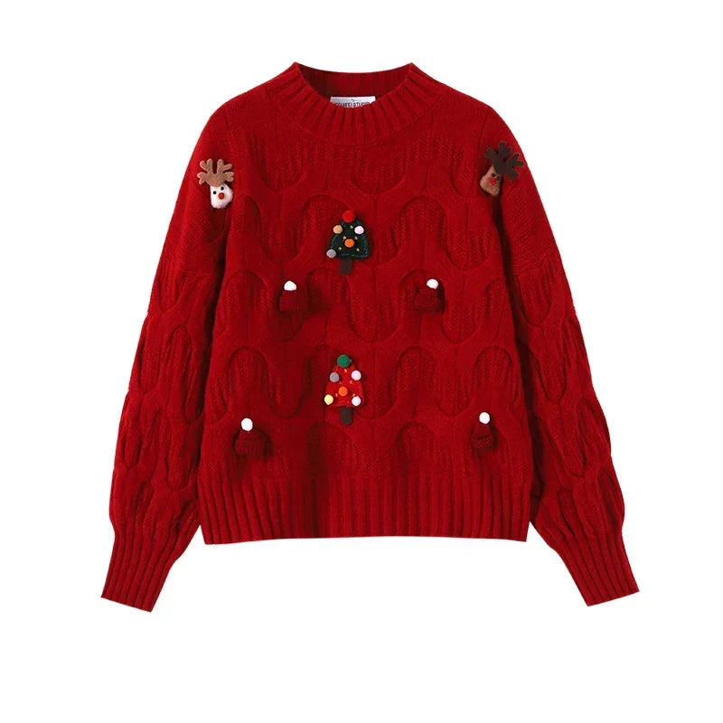 Opal | Women's Festive Cable Knit Sweater – 3D Christmas Appliqué Pullover with Balloon Sleeves