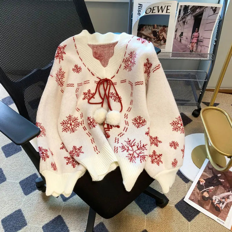 Caroline | Women's V-Neck Christmas Sweater – Pom-Pom Tie Knit for Festive Winter Styling