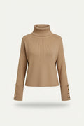 Neva | Women's Ribbed Turtleneck Sweater Button Sleeve Detail Knit Top