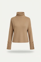 Neva | Women's Ribbed Turtleneck Sweater Button Sleeve Detail Knit Top