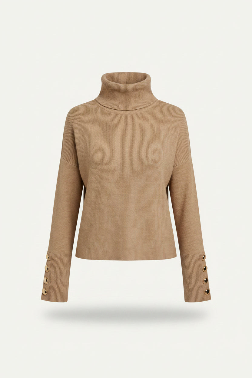 Neva | Women's Ribbed Turtleneck Sweater Button Sleeve Detail Knit Top
