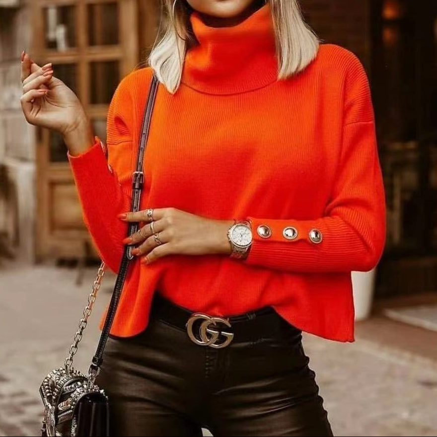 Neva | Women's Ribbed Turtleneck Sweater Button Sleeve Detail Knit Top