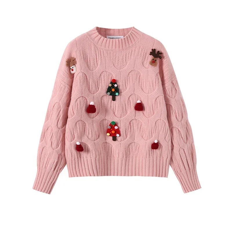 Opal | Women's Festive Cable Knit Sweater – 3D Christmas Appliqué Pullover with Balloon Sleeves