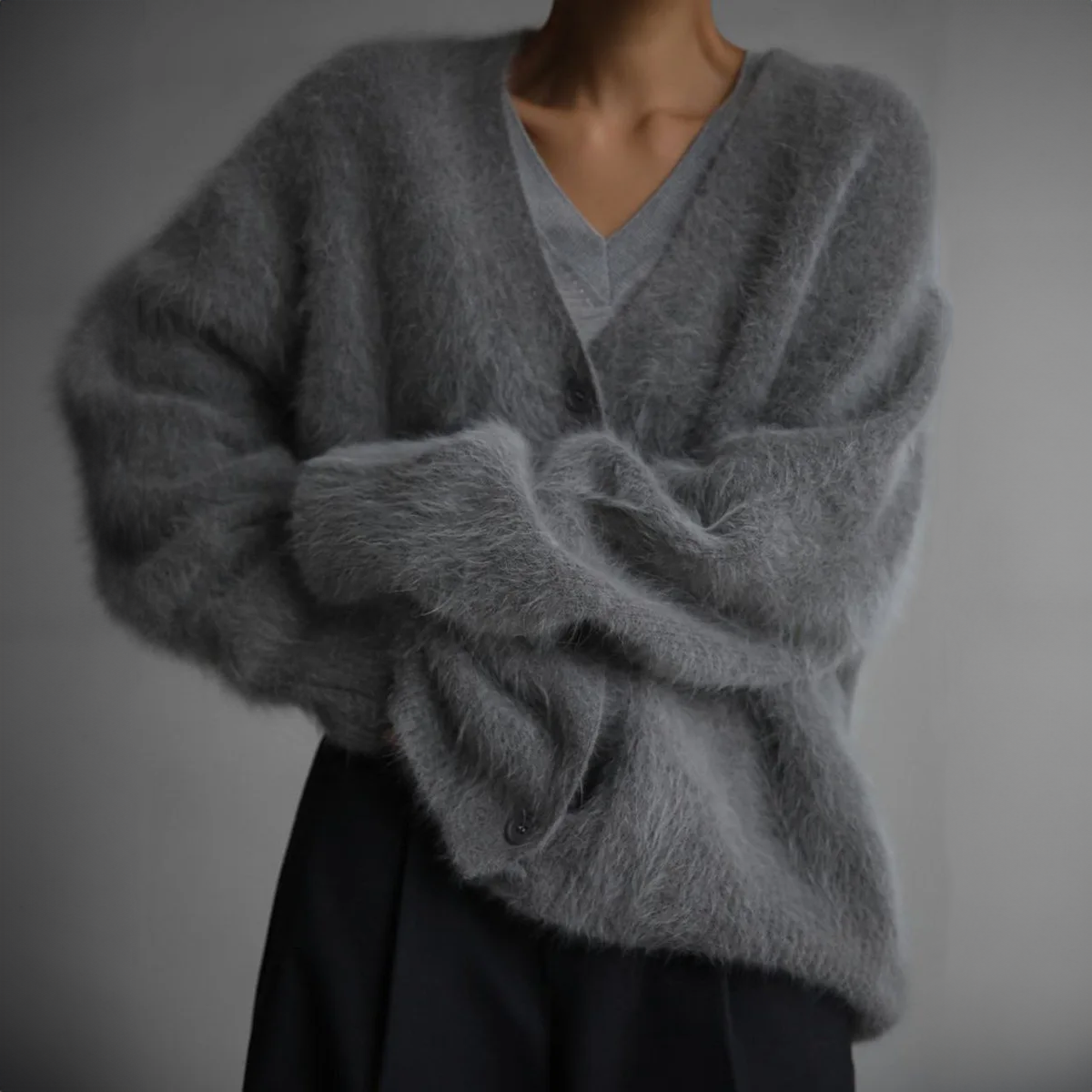 Ophelia | Women's Oversized Mohair Knit Cardigan – Fuzzy Button-Front Sweater with Relaxed V-Neck for Autumn Winter and Everyday Layering