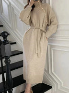 Edith | Women's Elegant Turtleneck Sweater Dress with Buttons and Tie Waist for Autumn Winter