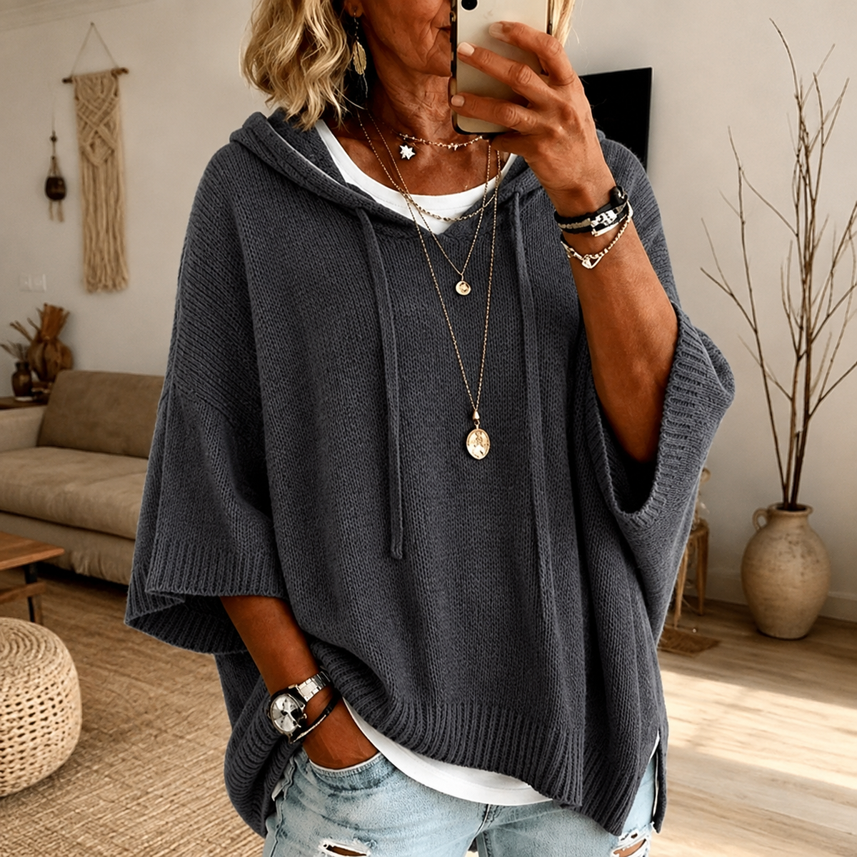 Tamsin | Charcoal Poncho Sweater