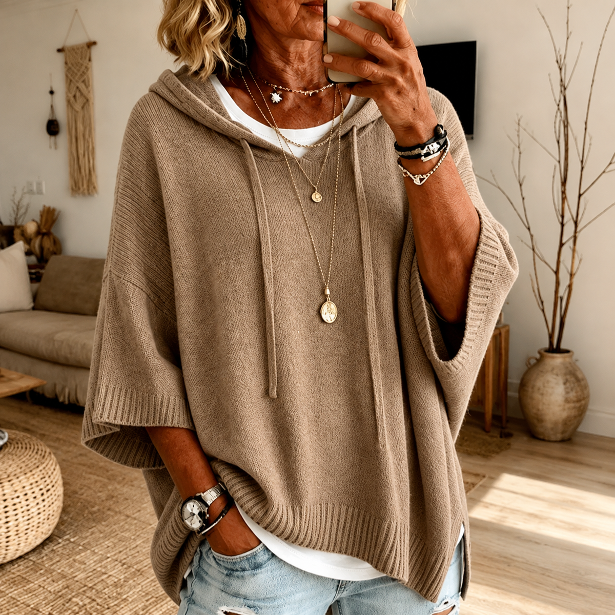 Una | Taupe Poncho Sweater