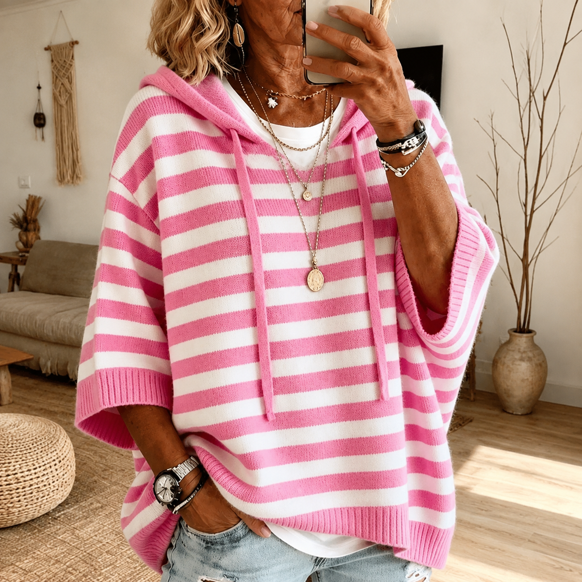 Lorna | Pink Striped Poncho Sweater