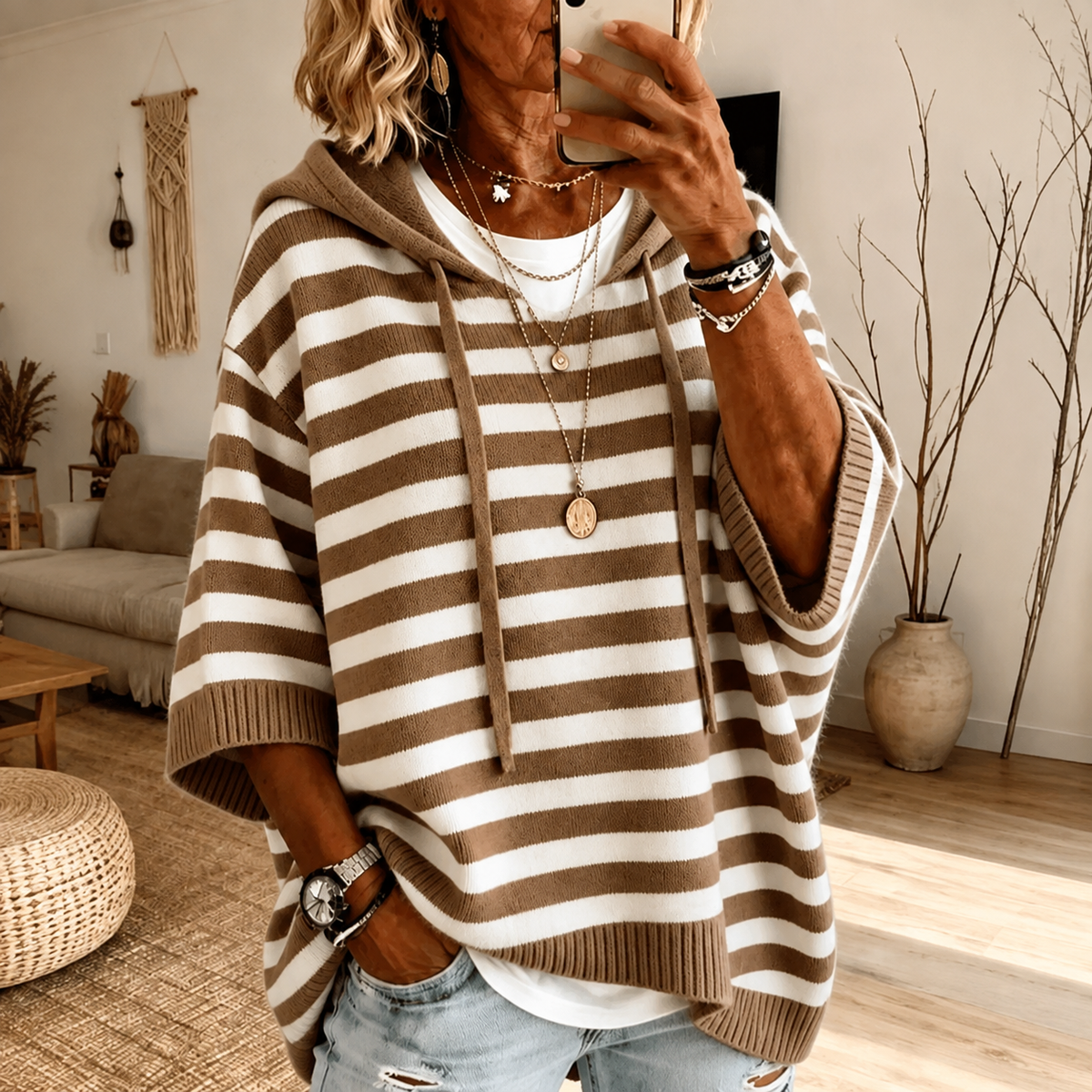 Annie | Taupe Striped Poncho Sweater
