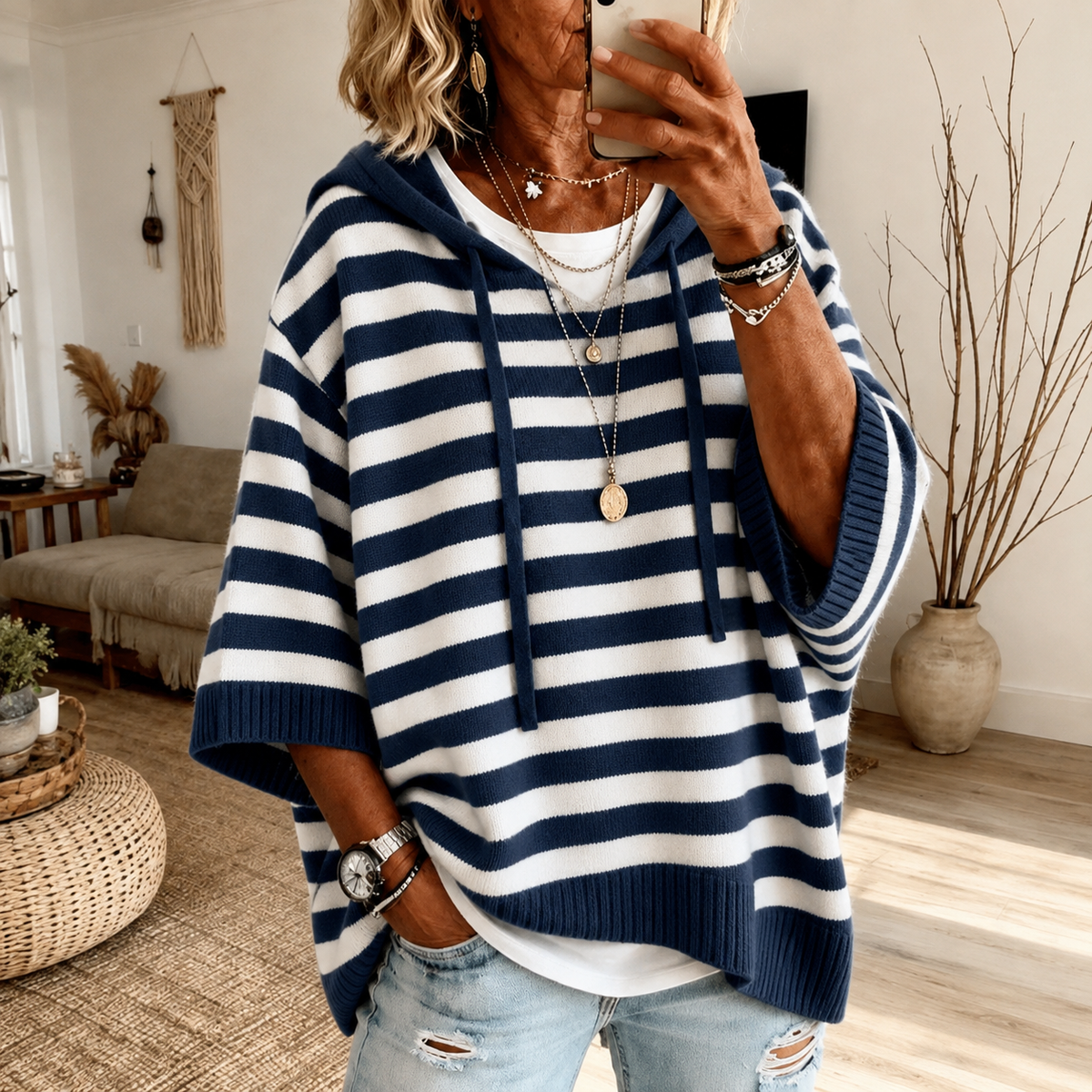 Stella | Navy Blue Striped Poncho Sweater