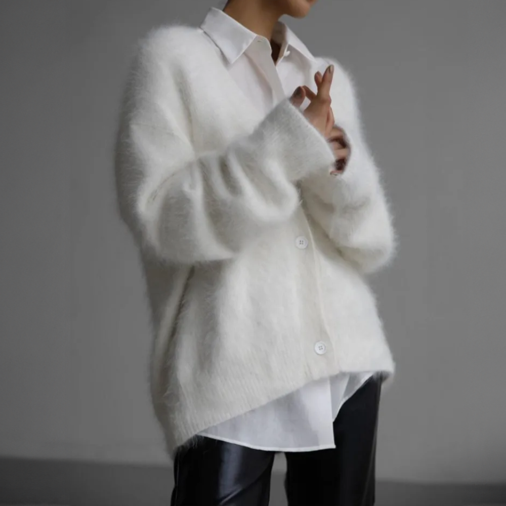 Ophelia | Women's Oversized Mohair Knit Cardigan – Fuzzy Button-Front Sweater with Relaxed V-Neck for Autumn Winter and Everyday Layering