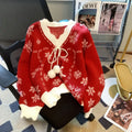 Caroline | Women's V-Neck Christmas Sweater – Pom-Pom Tie Knit for Festive Winter Styling