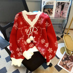 Caroline | Women's V-Neck Christmas Sweater – Pom-Pom Tie Knit for Festive Winter Styling