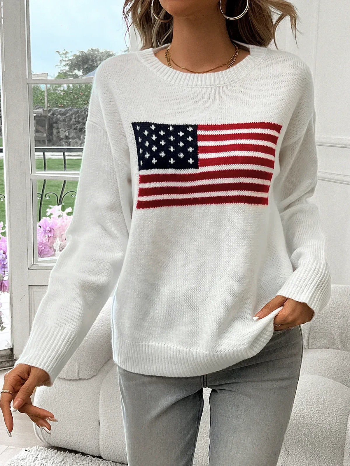 Caroline | Women's American Flag Knitted Sweater – Relaxed Crew-Neck Long-Sleeve Style for Casual Autumn Winter Everyday Wear