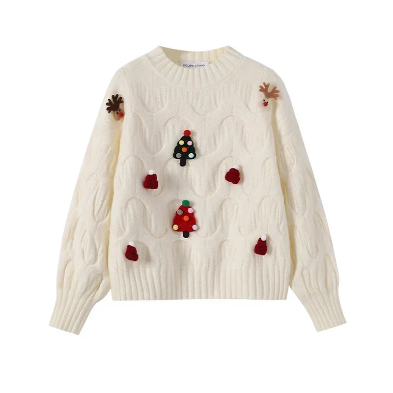 Opal | Women's Festive Cable Knit Sweater – 3D Christmas Appliqué Pullover with Balloon Sleeves