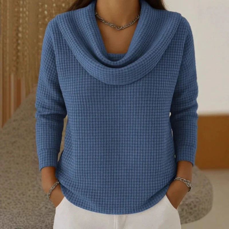 Stella | Women's Textured Waffle-Knit Cowl Neck Sweater – Fitted Soft Jumper for Elegant Autumn Office and Casual Wear