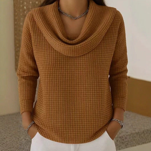 Stella | Women's Textured Waffle-Knit Cowl Neck Sweater – Fitted Soft Jumper for Elegant Autumn Office and Casual Wear