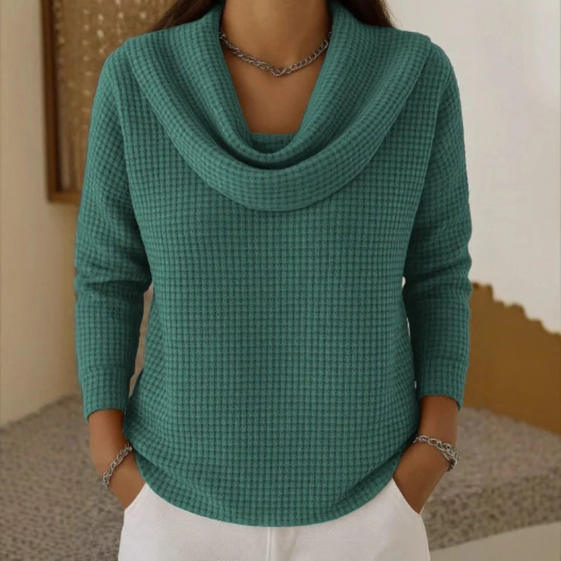 Stella | Women's Textured Waffle-Knit Cowl Neck Sweater – Fitted Soft Jumper for Elegant Autumn Office and Casual Wear