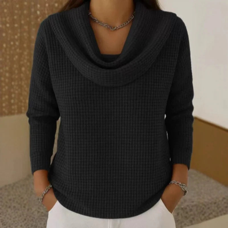 Stella | Women's Textured Waffle-Knit Cowl Neck Sweater – Fitted Soft Jumper for Elegant Autumn Office and Casual Wear