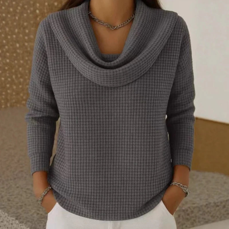 Stella | Women's Textured Waffle-Knit Cowl Neck Sweater – Fitted Soft Jumper for Elegant Autumn Office and Casual Wear