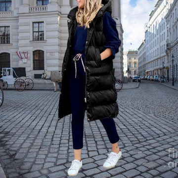 Jean | Women's Longline Puffer Gilet – Hooded Sleeveless Layer for Casual Winter Styling