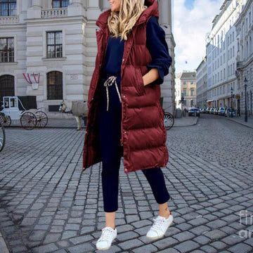 Jean | Women's Longline Puffer Gilet – Hooded Sleeveless Layer for Casual Winter Styling