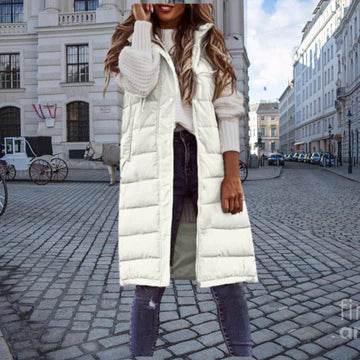 Jean | Women's Longline Puffer Gilet – Hooded Sleeveless Layer for Casual Winter Styling