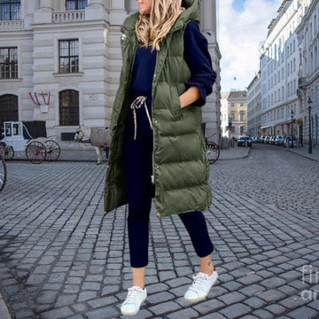 Jean | Women's Longline Puffer Gilet – Hooded Sleeveless Layer for Casual Winter Styling