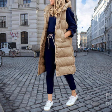 Jean | Women's Longline Puffer Gilet – Hooded Sleeveless Layer for Casual Winter Styling
