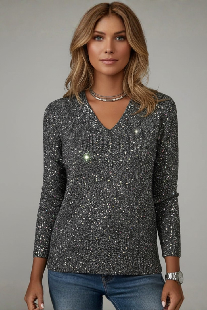 Adeline | Women's Glitter V-Neck Knitted Sweater – Fitted Long-Sleeve Style for Smart Casual Winter and Festive Occasion Wear