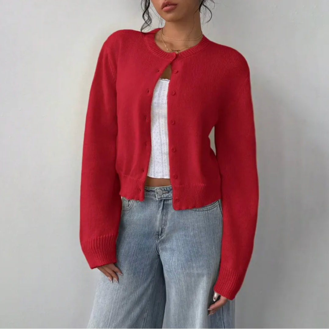 Kelly | Women's Cropped Button-Front Cardigan – Round-Neck Knit for Everyday Layering