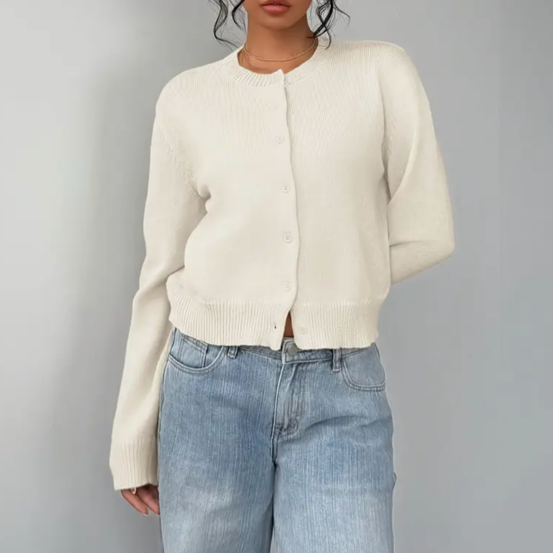 Kelly | Women's Cropped Button-Front Cardigan – Round-Neck Knit for Everyday Layering