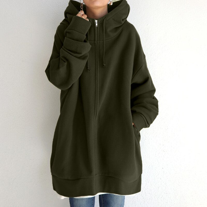 Sophia | Women's Oversized Zip-Up Hoodie – Longline Relaxed Sweatshirt Layer with Drawstring Hood for Everyday Comfort