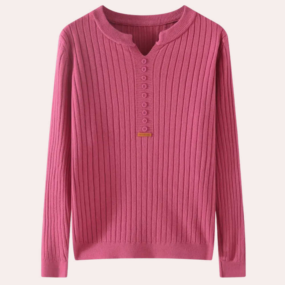 Amanda | Women's Ribbed Knit Sweater with Notched Neck and Button Placket