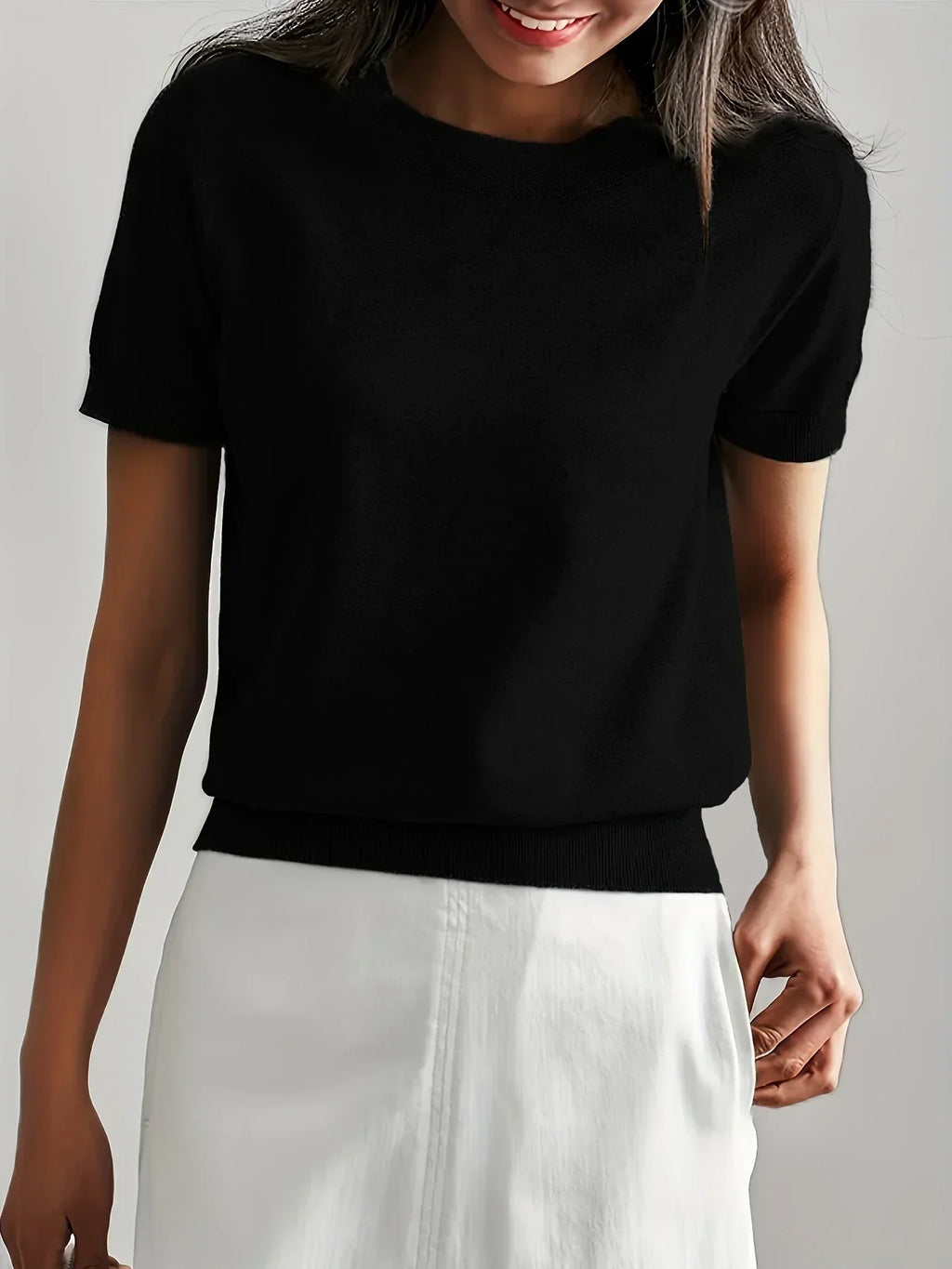 Sharon | Women's Fine Knit Sweater with Short Sleeves and Ribbed Trim