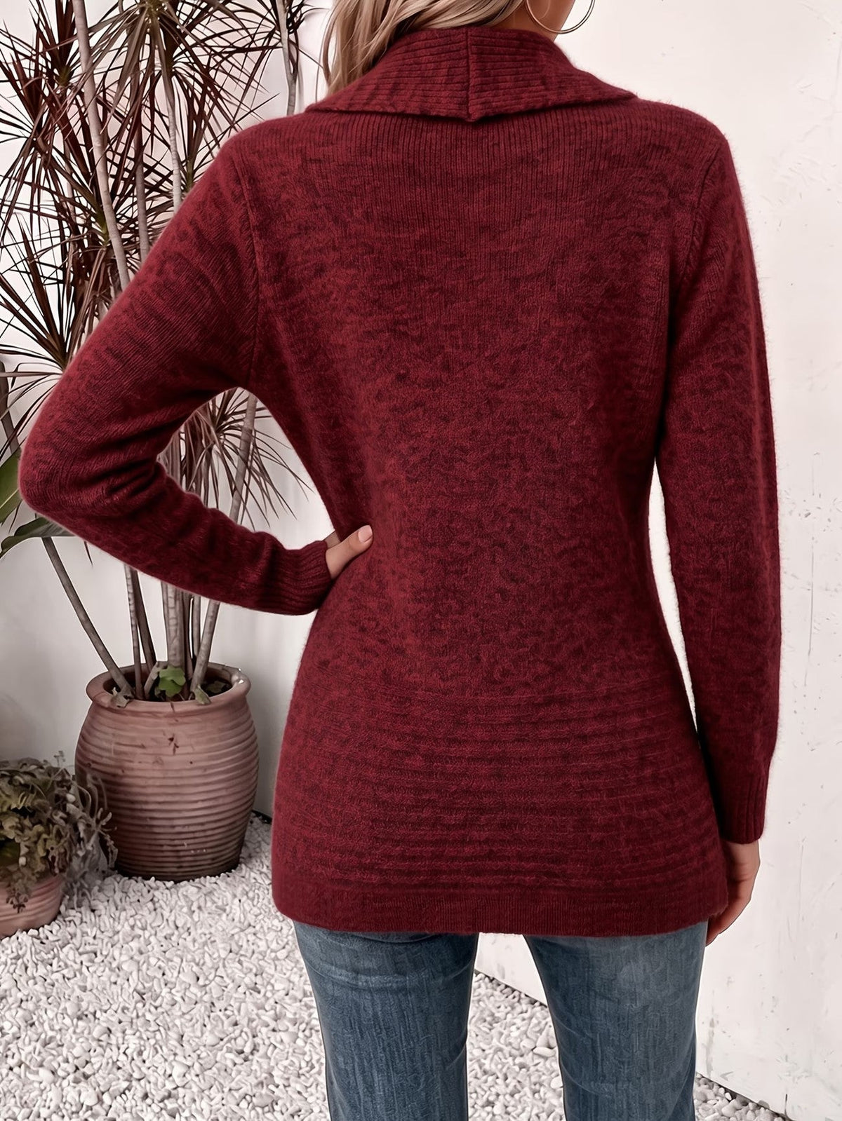 Elise | Burgundy Ribbed Knit Button-Tab Cardigan