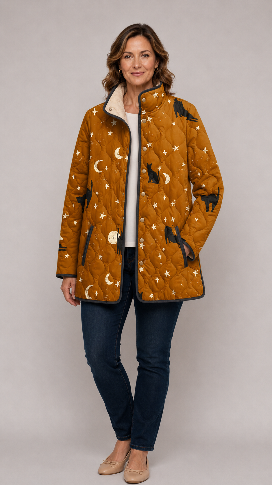 Naomi | Black Quilted Jacket with Cat Pattern