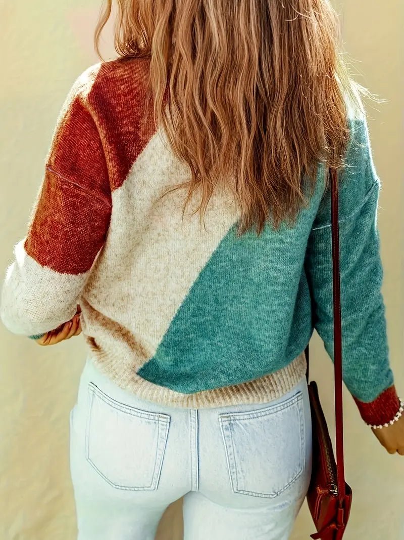 Diana | Women's Colour-Block Crew-Neck Knitted Sweater – Relaxed Long-Sleeve Style for Casual Autumn Winter and Everyday Wear