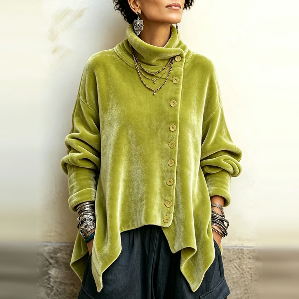 Pauline | Chic Velvet Asymmetric Button Turtleneck Top