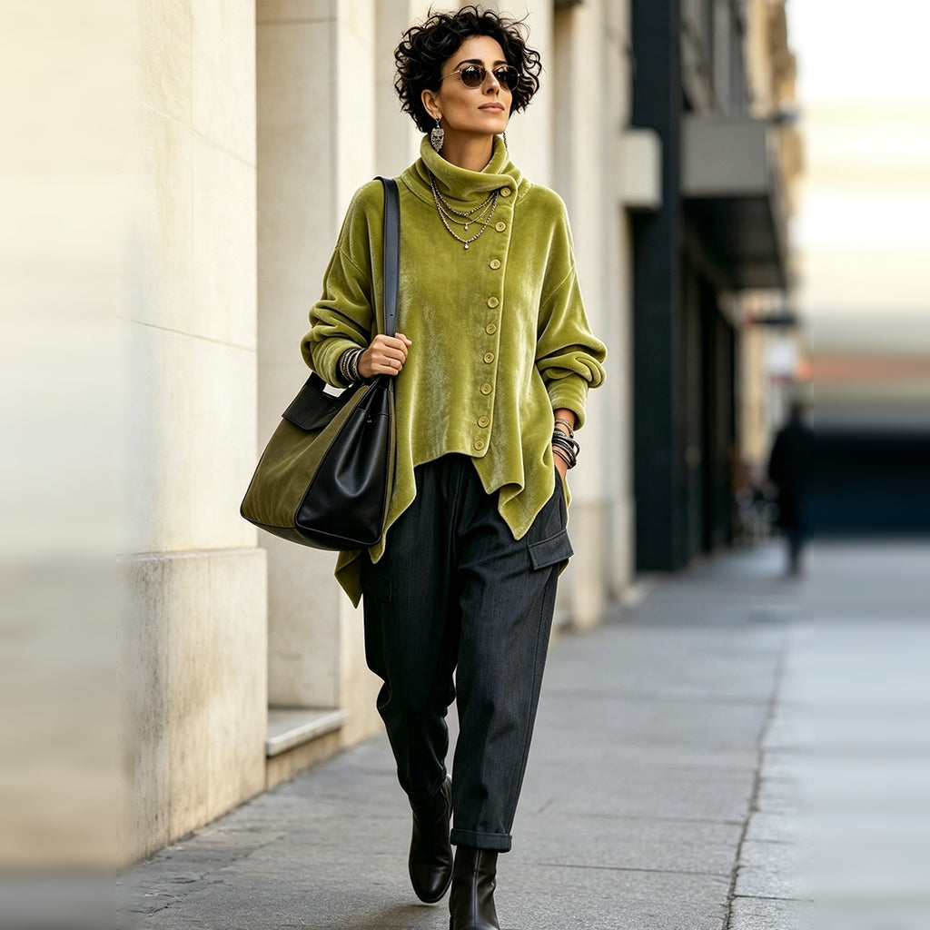 Pauline | Chic Velvet Asymmetric Button Turtleneck Top