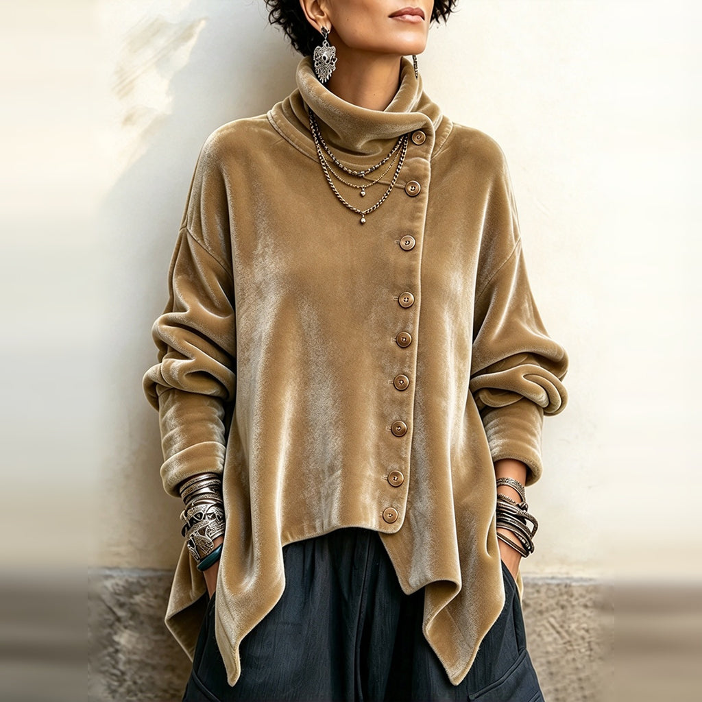 Pauline | Chic Velvet Asymmetric Button Turtleneck Top