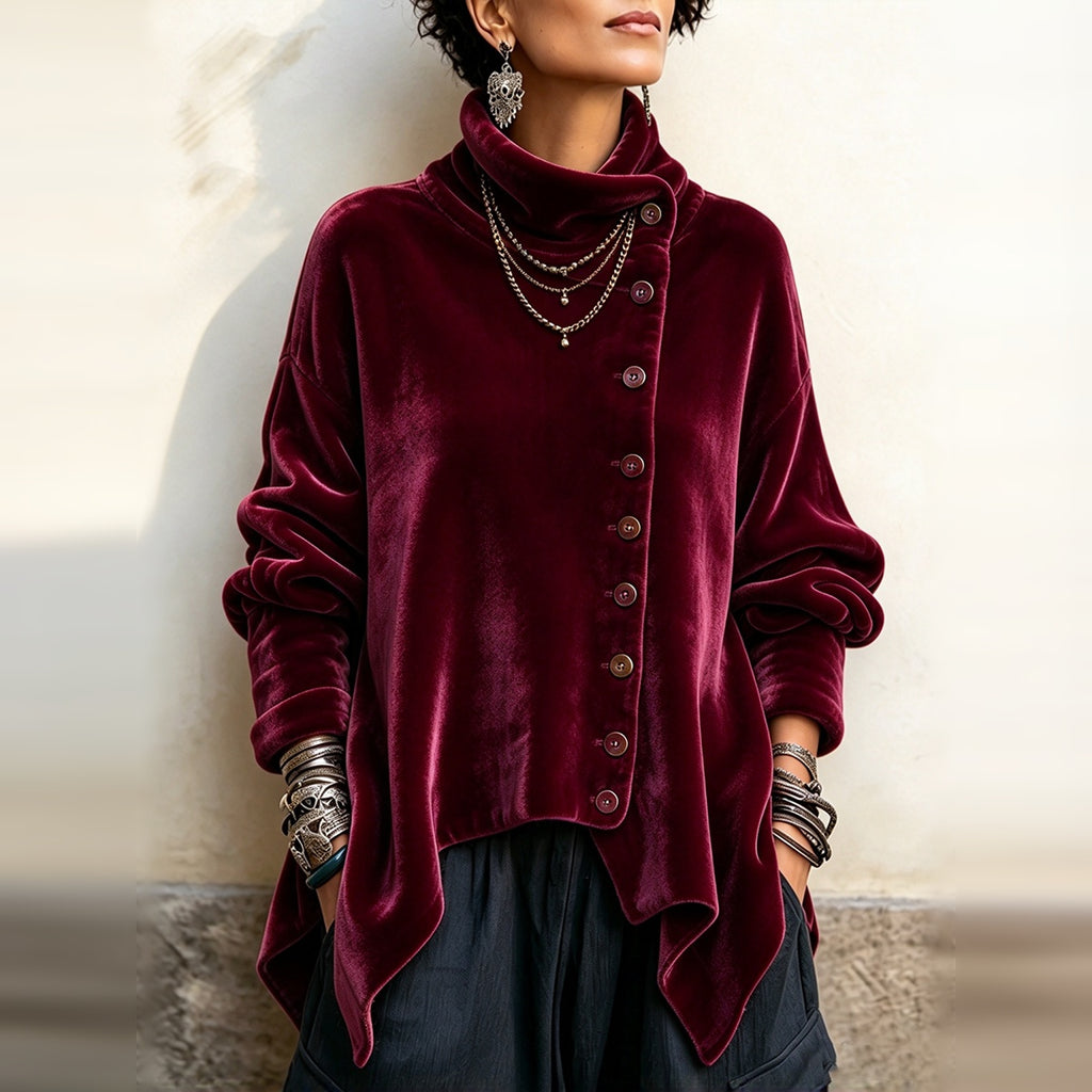Pauline | Chic Velvet Asymmetric Button Turtleneck Top