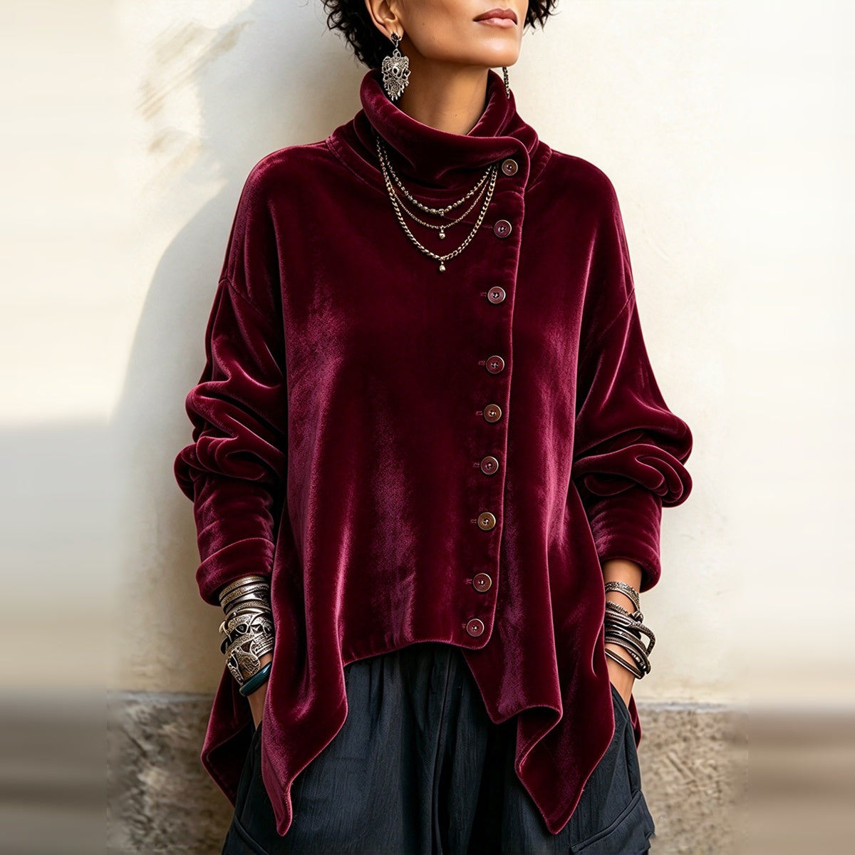 Pauline | Chic Velvet Asymmetric Button Turtleneck Top