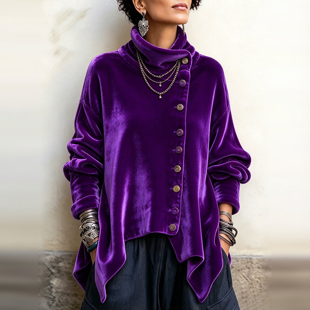 Pauline | Chic Velvet Asymmetric Button Turtleneck Top