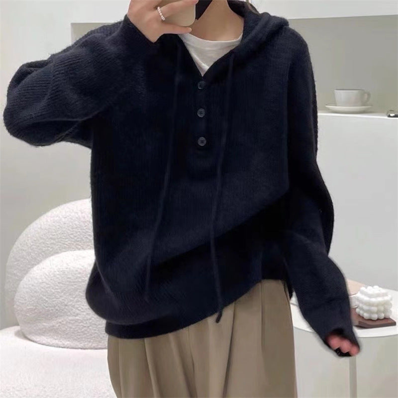 Roberta | Women's Hooded Rib-Knit Sweater – Relaxed Button-Neck Pullover for Cosy Everyday Layering