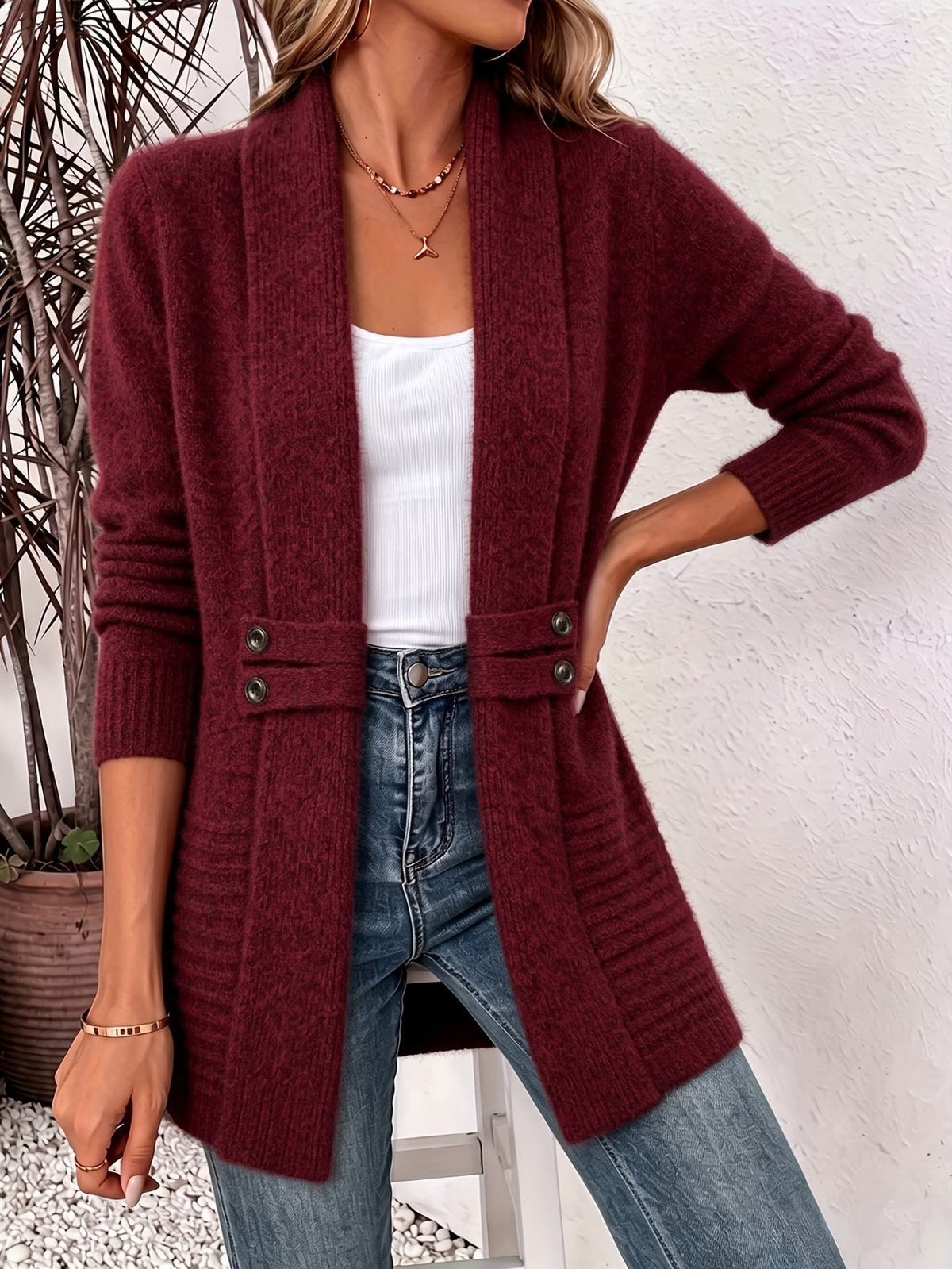 Elise | Burgundy Ribbed Knit Button-Tab Cardigan